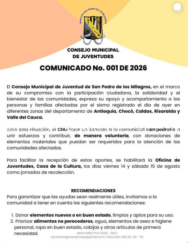 Comunicado número 001 de 2026 del Consejo Municipal de Juventudes sobre la campaña de ayuda