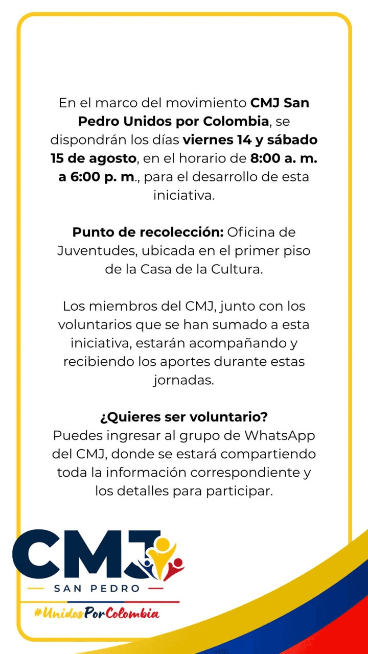 Convocatoria CMJ San Pedro Unidos por Colombia con horarios, punto de recolección y llamado a voluntariado